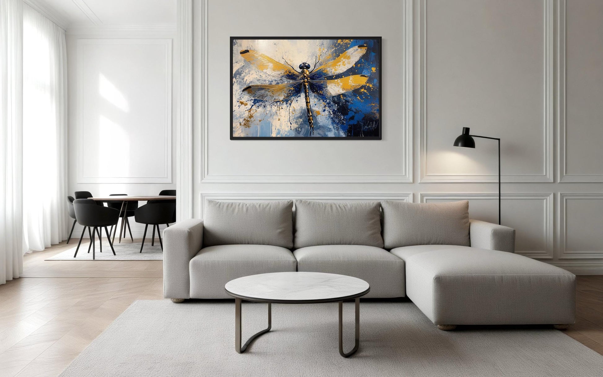 Blue Gold Dragonfly Framed Canvas Wall Art