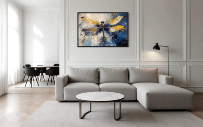 Blue Gold Dragonfly Framed Canvas Wall Art