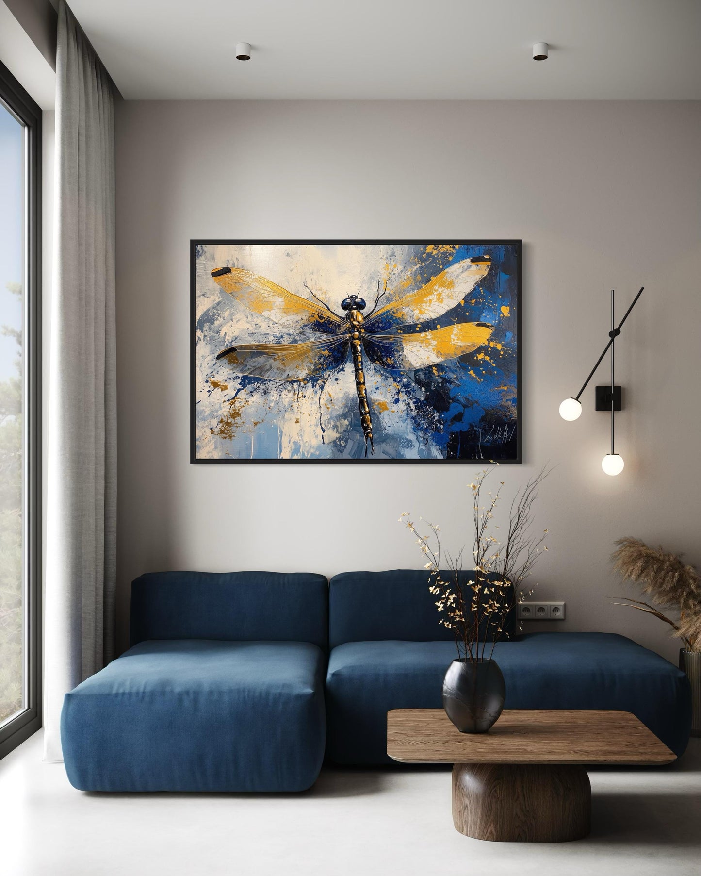 Blue Gold Dragonfly Framed Canvas Wall Art