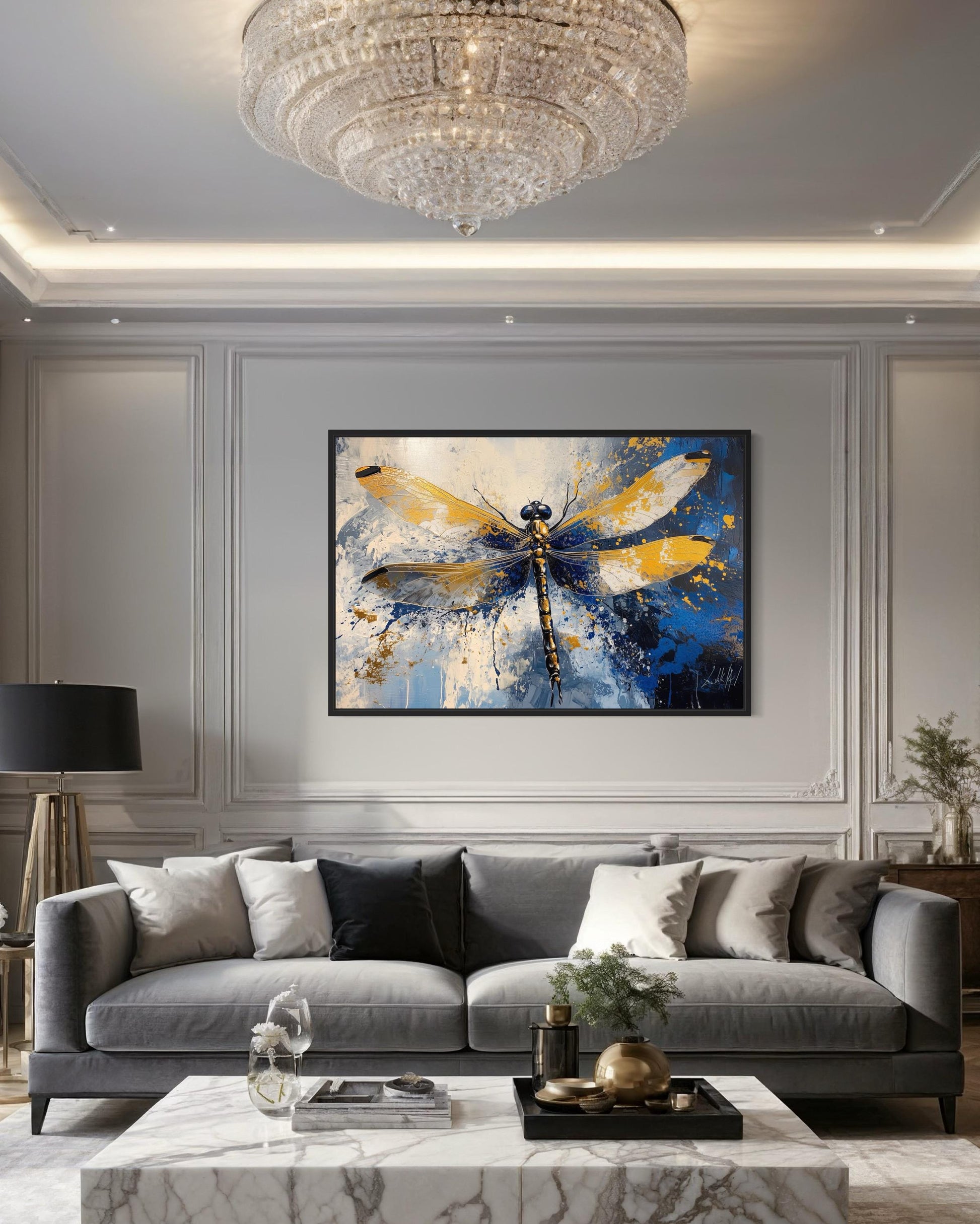 Blue Gold Dragonfly Framed Canvas Wall Art