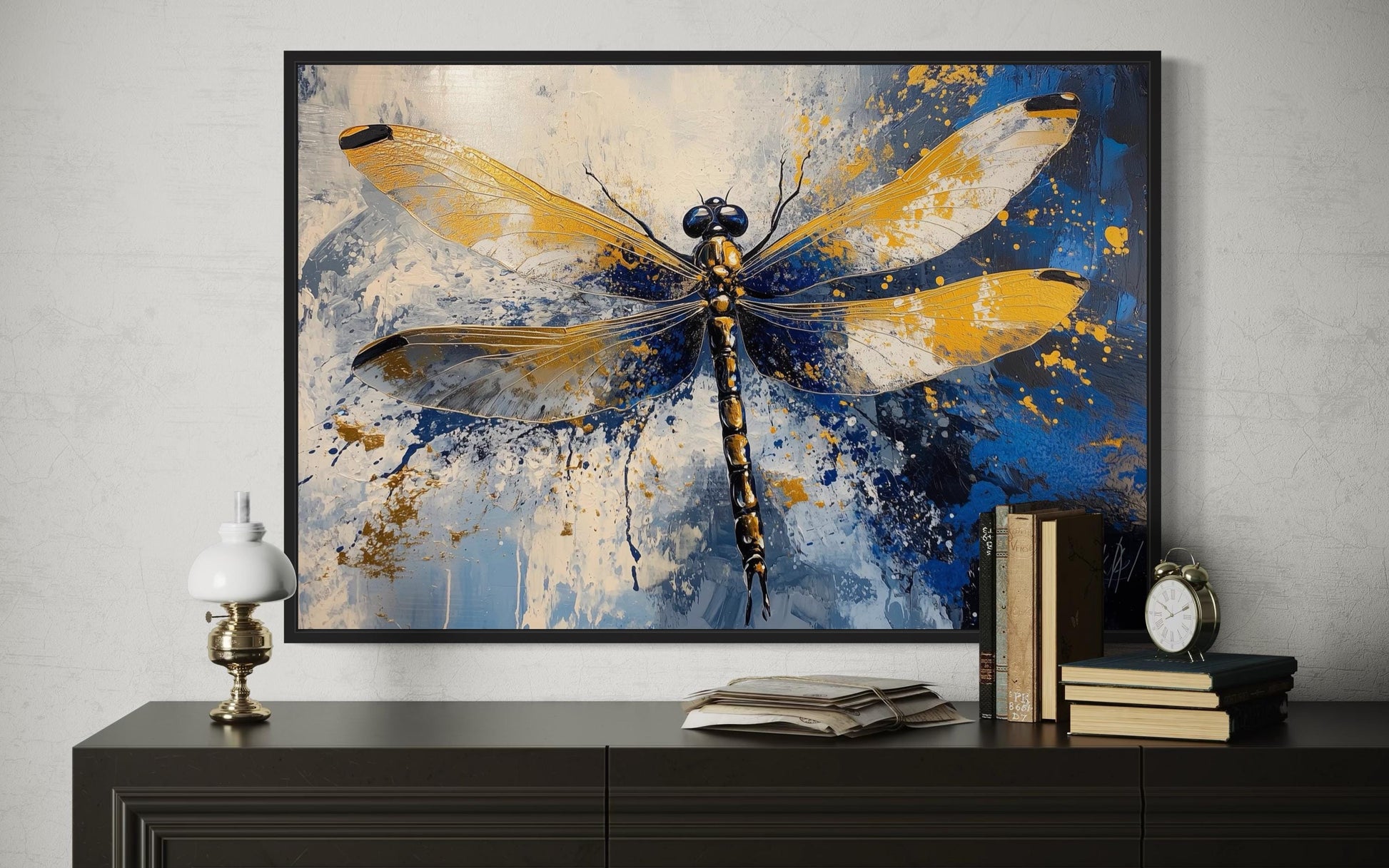Blue Gold Dragonfly Framed Canvas Wall Art