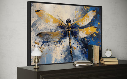 Blue Gold Dragonfly Framed Canvas Wall Art