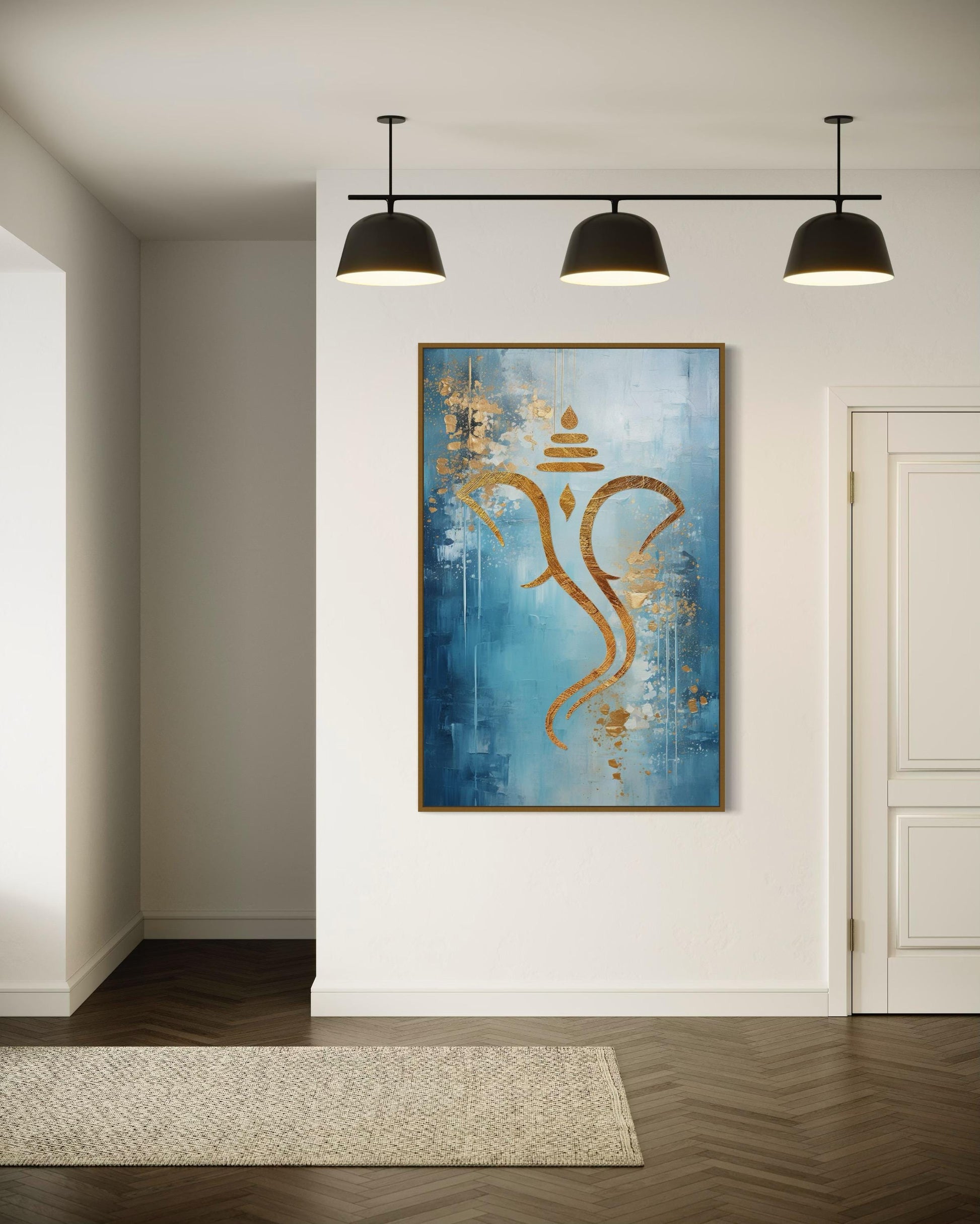 Blue Gold Minimalist Lord Ganesha Framed Canvas Wall Art