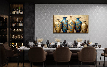 Blue Gold Vases Dining Room Framed Canvas Wall Art