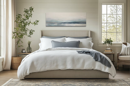Blue Gray Calm Coastal Over Bed Framed Canvas Wall Art