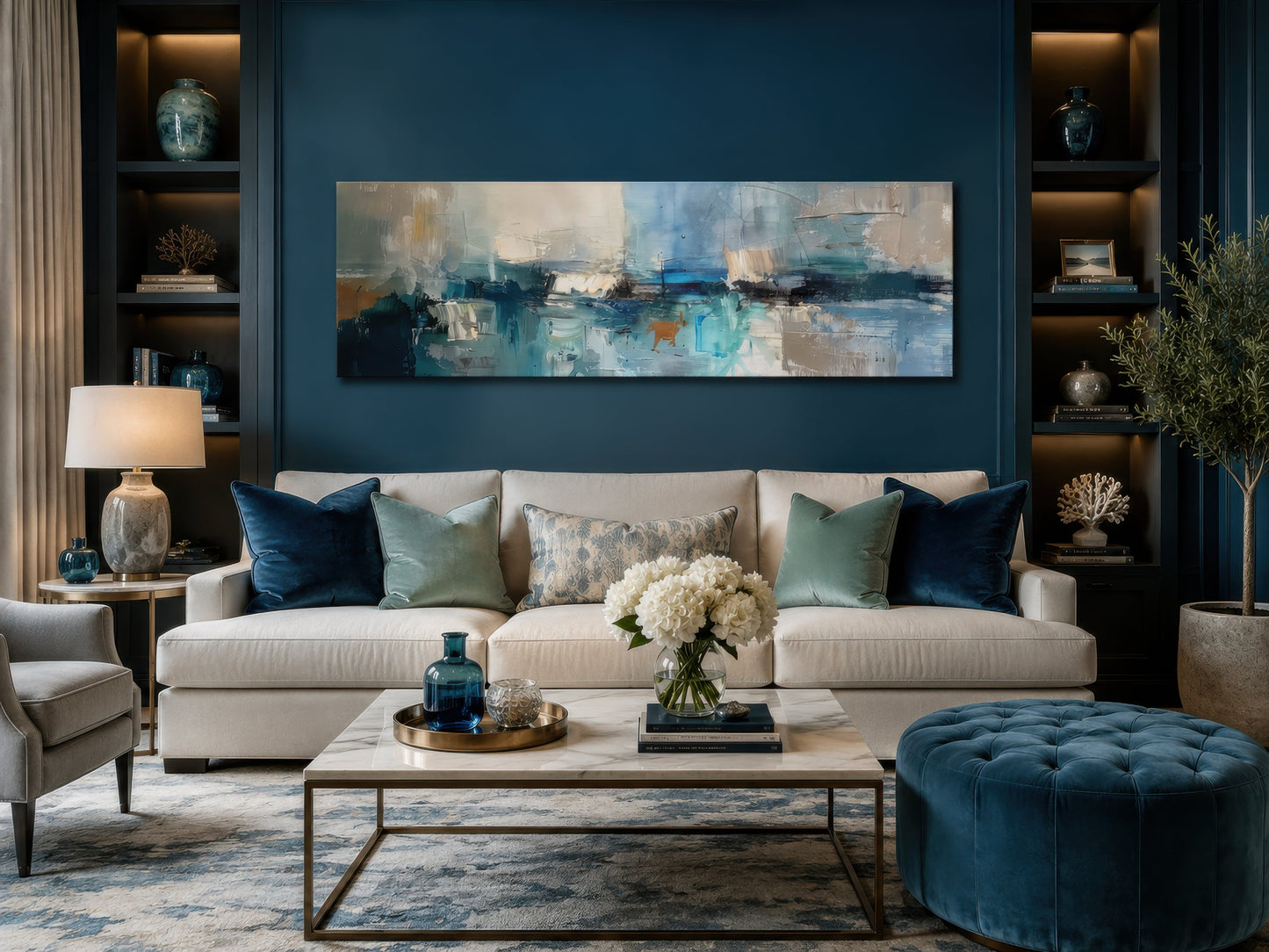 Blue Grey Aqua Calm Peaceful Abstract Above Bed Long Narrow Wall Art