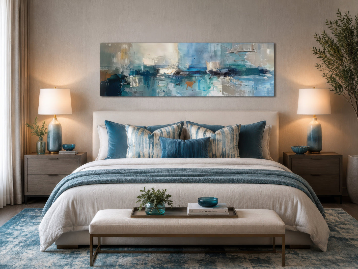 Blue Grey Aqua Calm Peaceful Abstract Above Bed Long Narrow Wall Art