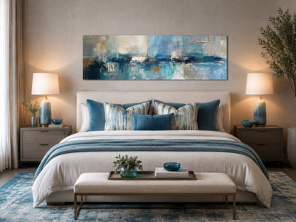 Blue Grey Aqua Calm Peaceful Abstract Above Bed Long Narrow Wall Art