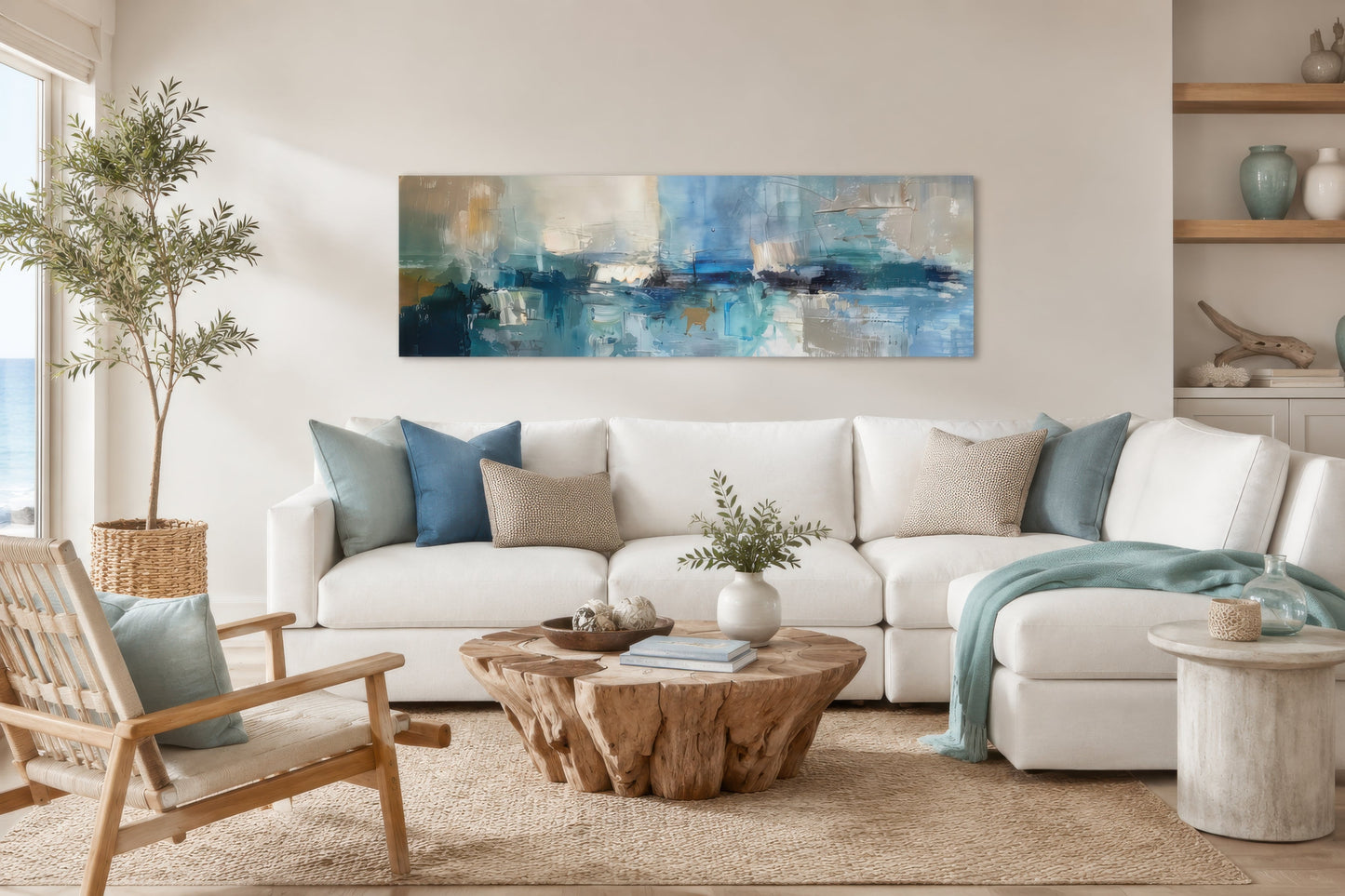 Blue Grey Aqua Calm Peaceful Abstract Above Bed Long Narrow Wall Art