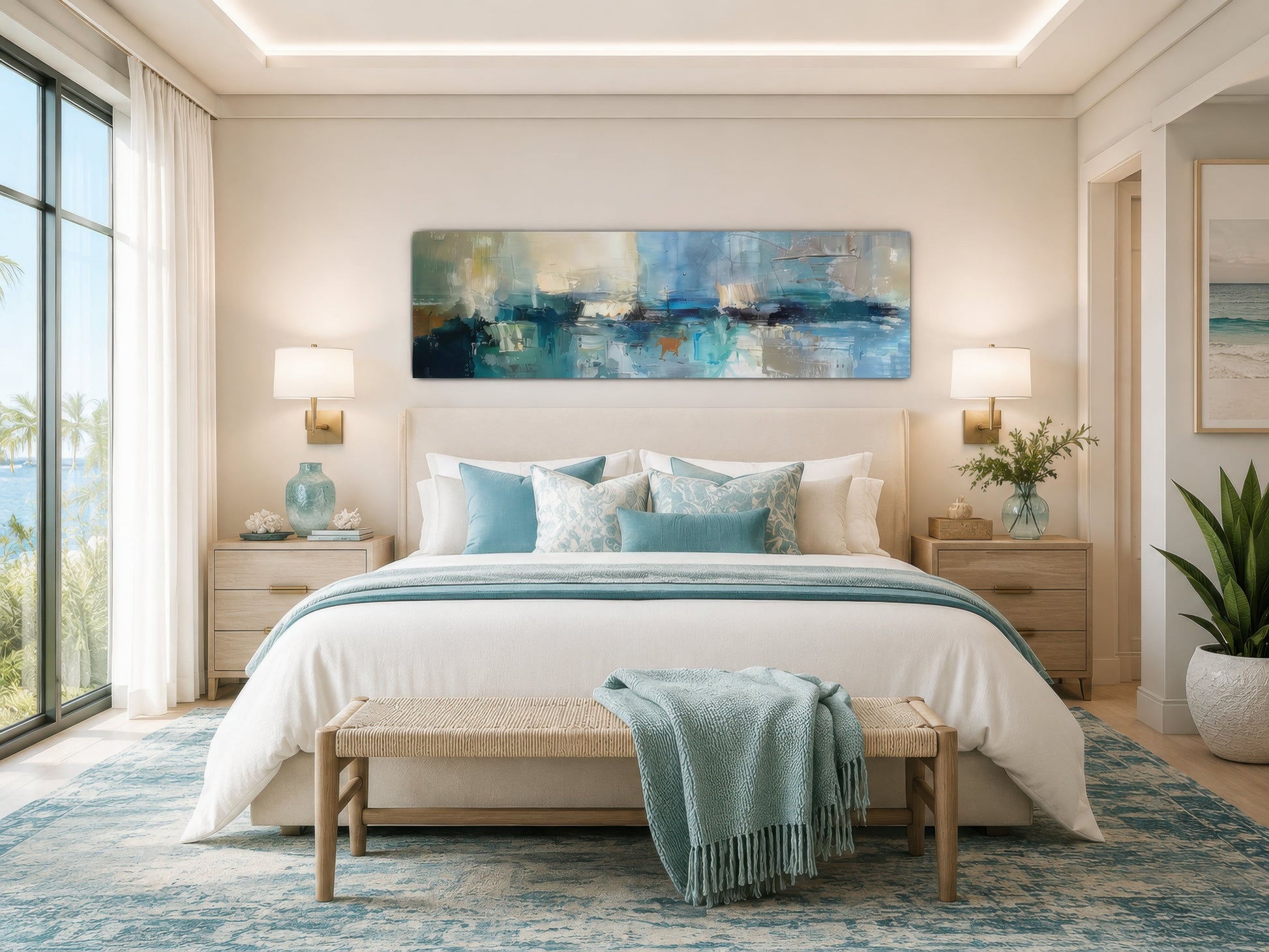Blue Grey Aqua Calm Peaceful Abstract Above Bed Long Narrow Wall Art