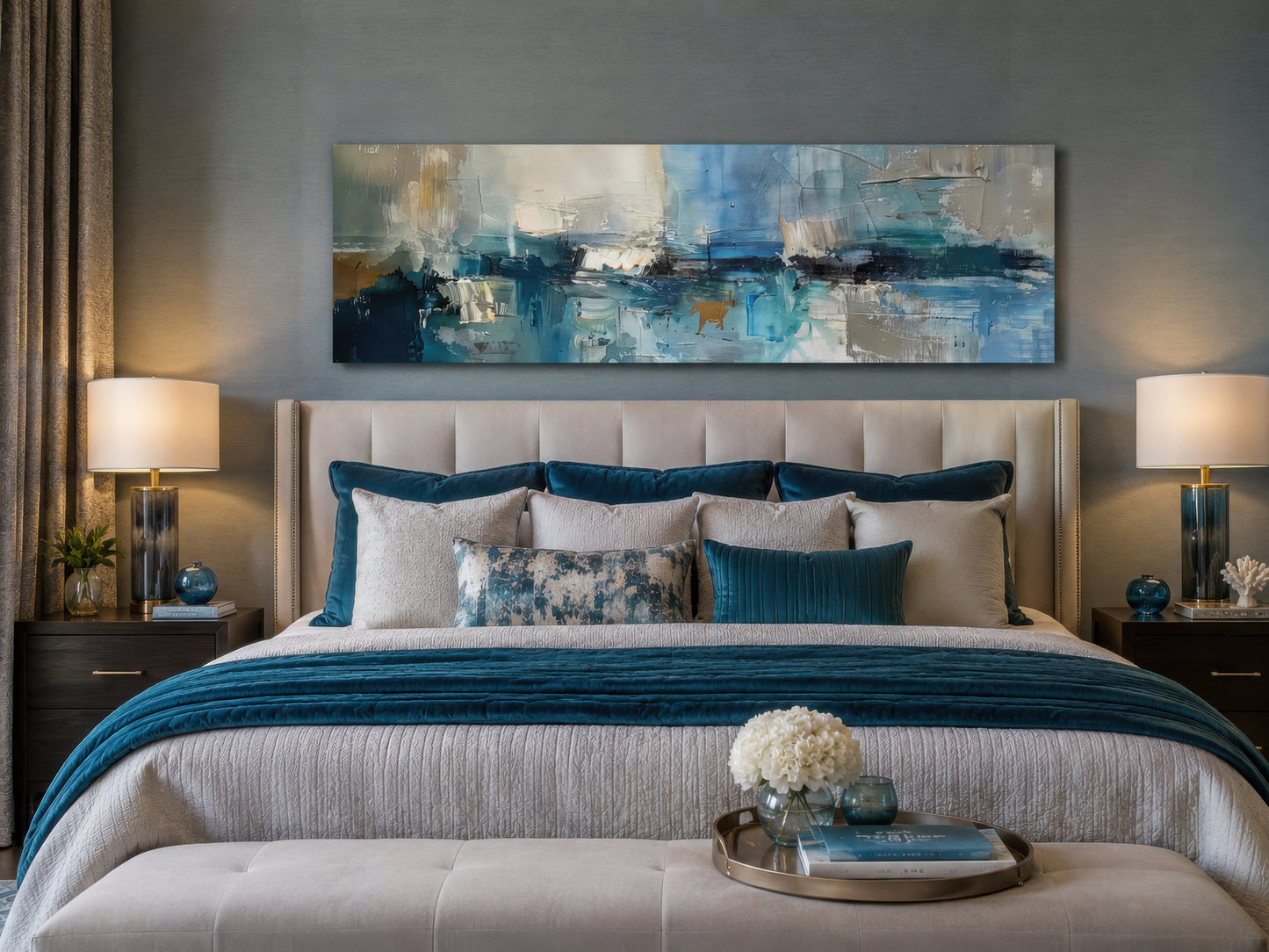 Blue Grey Aqua Calm Peaceful Abstract Above Bed Long Narrow Wall Art