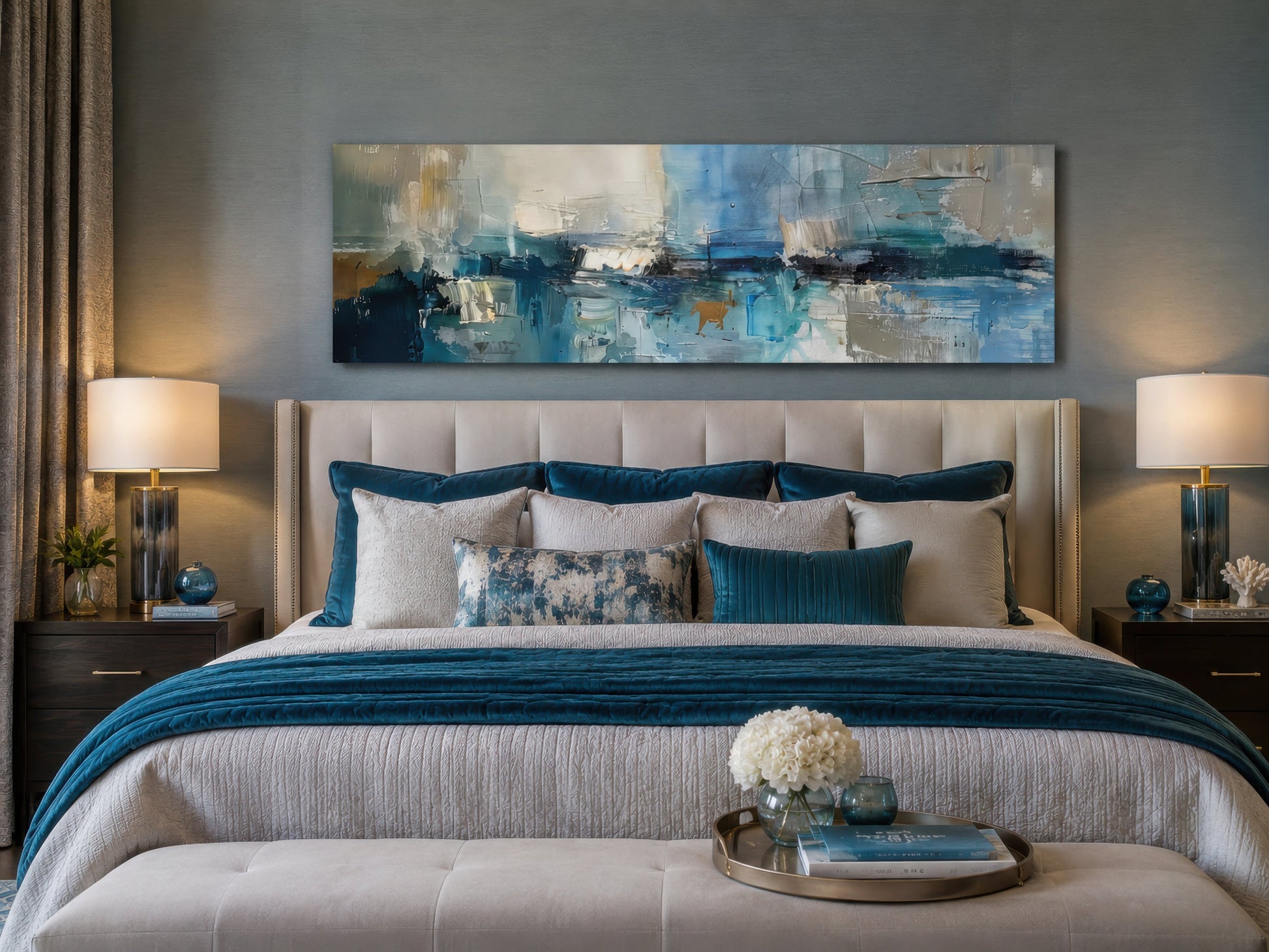 Blue Grey Aqua Calm Peaceful Abstract Above Bed Long Narrow Wall Art