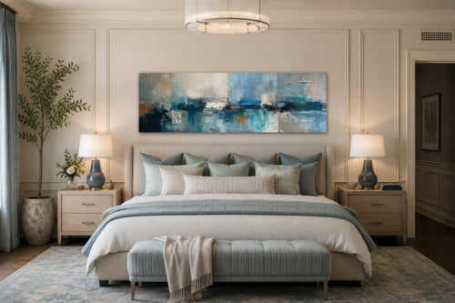Blue Grey Aqua Calm Peaceful Abstract Above Bed Long Narrow Wall Art