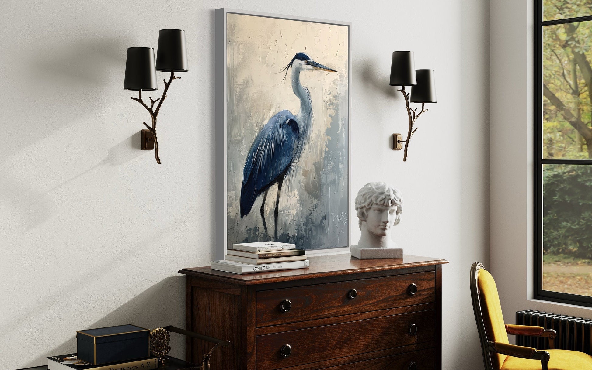 Blue Heron Abstract Painting Coastal Framed Canvas Wall Art