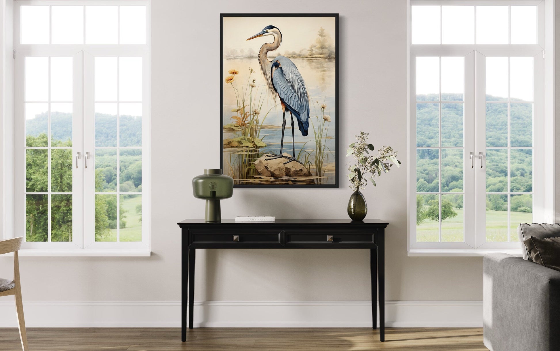 Blue Heron Vintage Framed Coastal Canvas Wall Art for Beach House