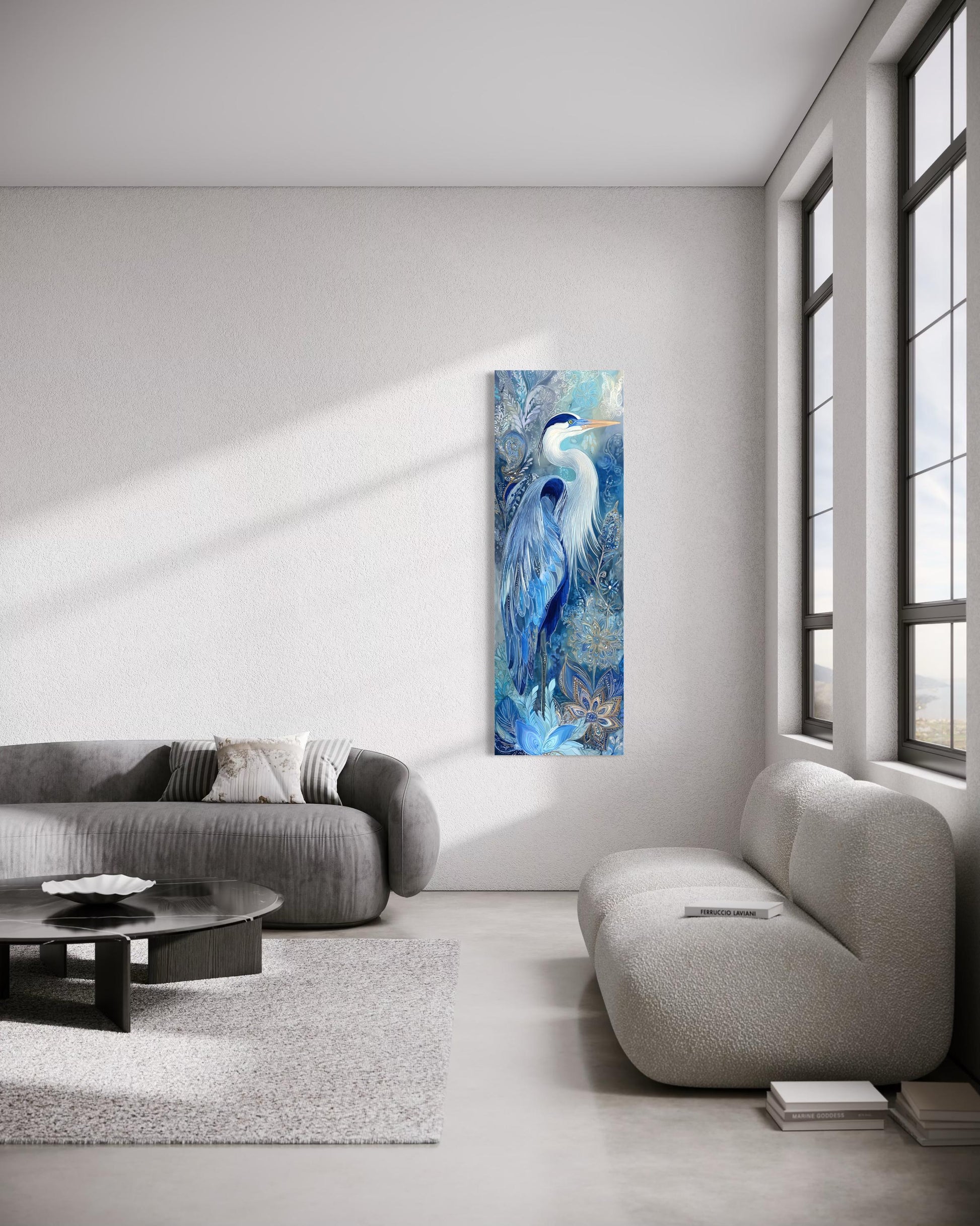Blue Heron Wall Art – Tall Narrow Canvas Print | Elegant Vertical Bird Artwork