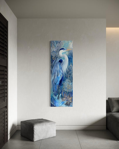 Blue Heron Wall Art – Tall Narrow Canvas Print | Elegant Vertical Bird Artwork