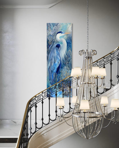 Blue Heron Wall Art – Tall Narrow Canvas Print | Elegant Vertical Bird Artwork