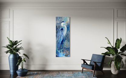 Blue Heron Wall Art – Tall Narrow Canvas Print | Elegant Vertical Bird Artwork