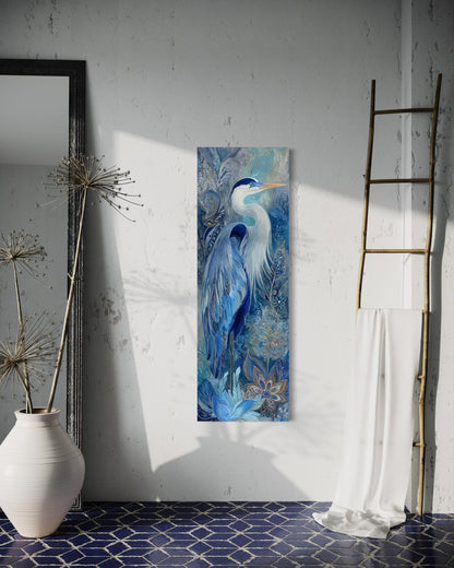 Blue Heron Wall Art – Tall Narrow Canvas Print | Elegant Vertical Bird Artwork