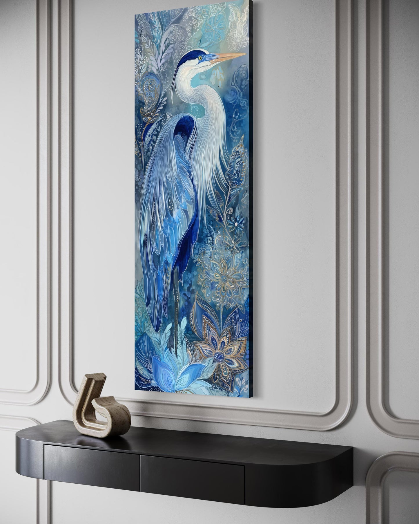 Blue Heron Wall Art – Tall Narrow Canvas Print | Elegant Vertical Bird Artwork