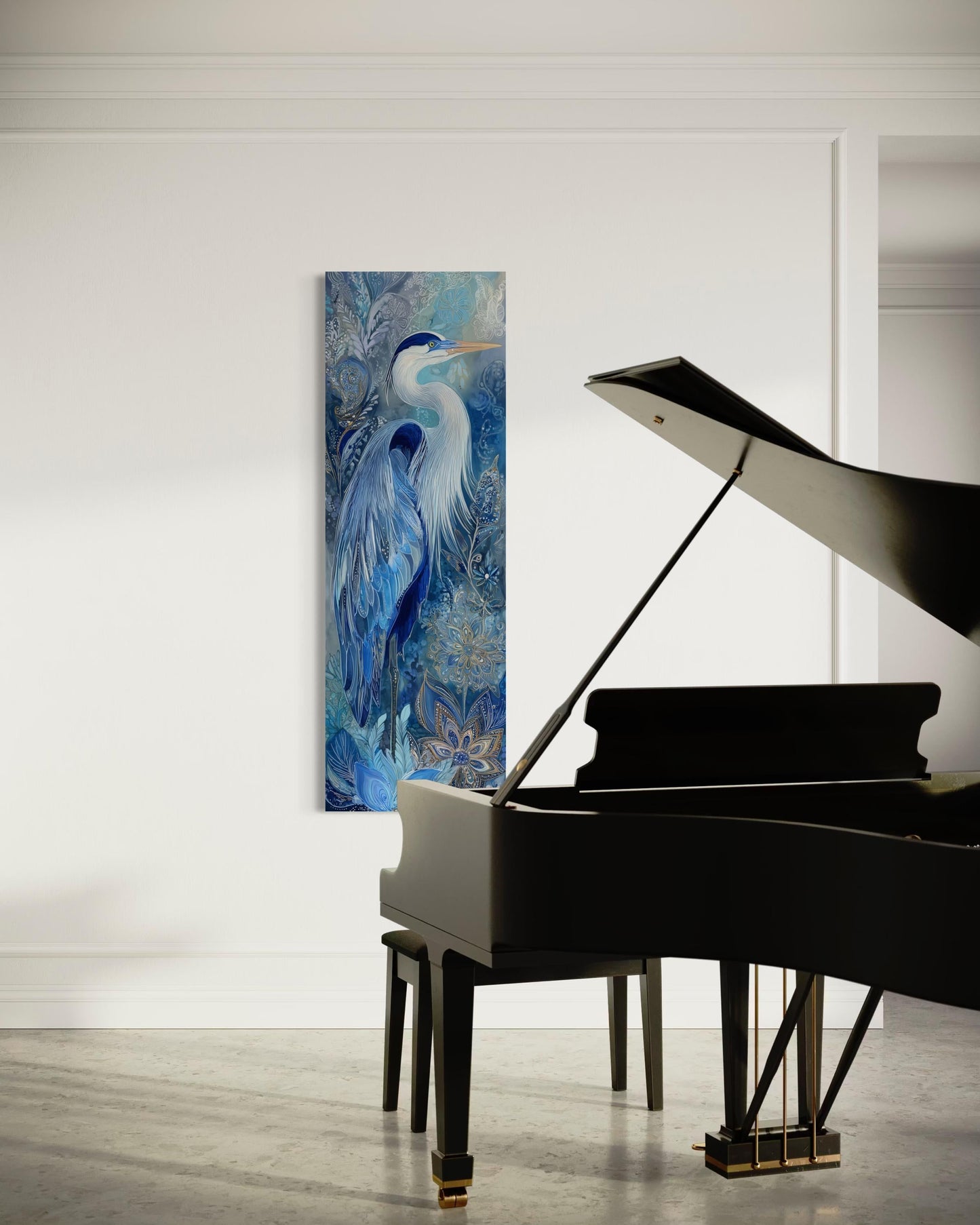 Blue Heron Wall Art – Tall Narrow Canvas Print | Elegant Vertical Bird Artwork