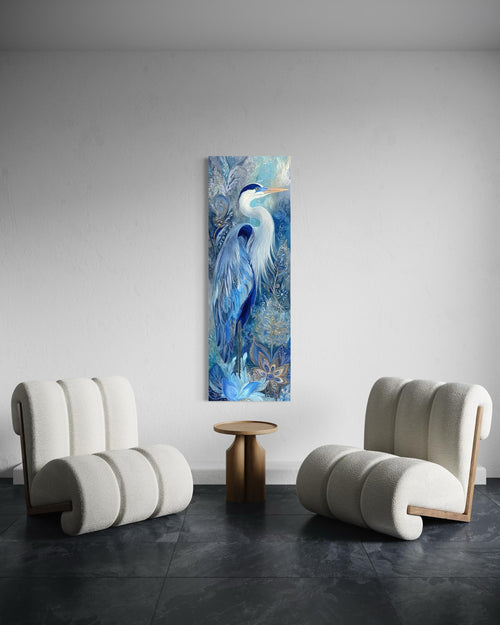 Blue Heron Wall Art – Tall Narrow Canvas Print | Elegant Vertical Bird Artwork
