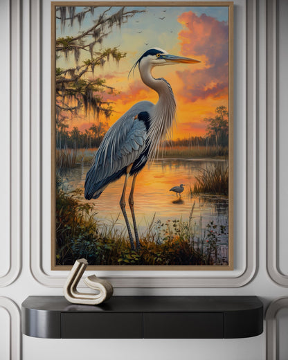 Blue Heron at Sunset Marshland Framed Canvas Wall Art