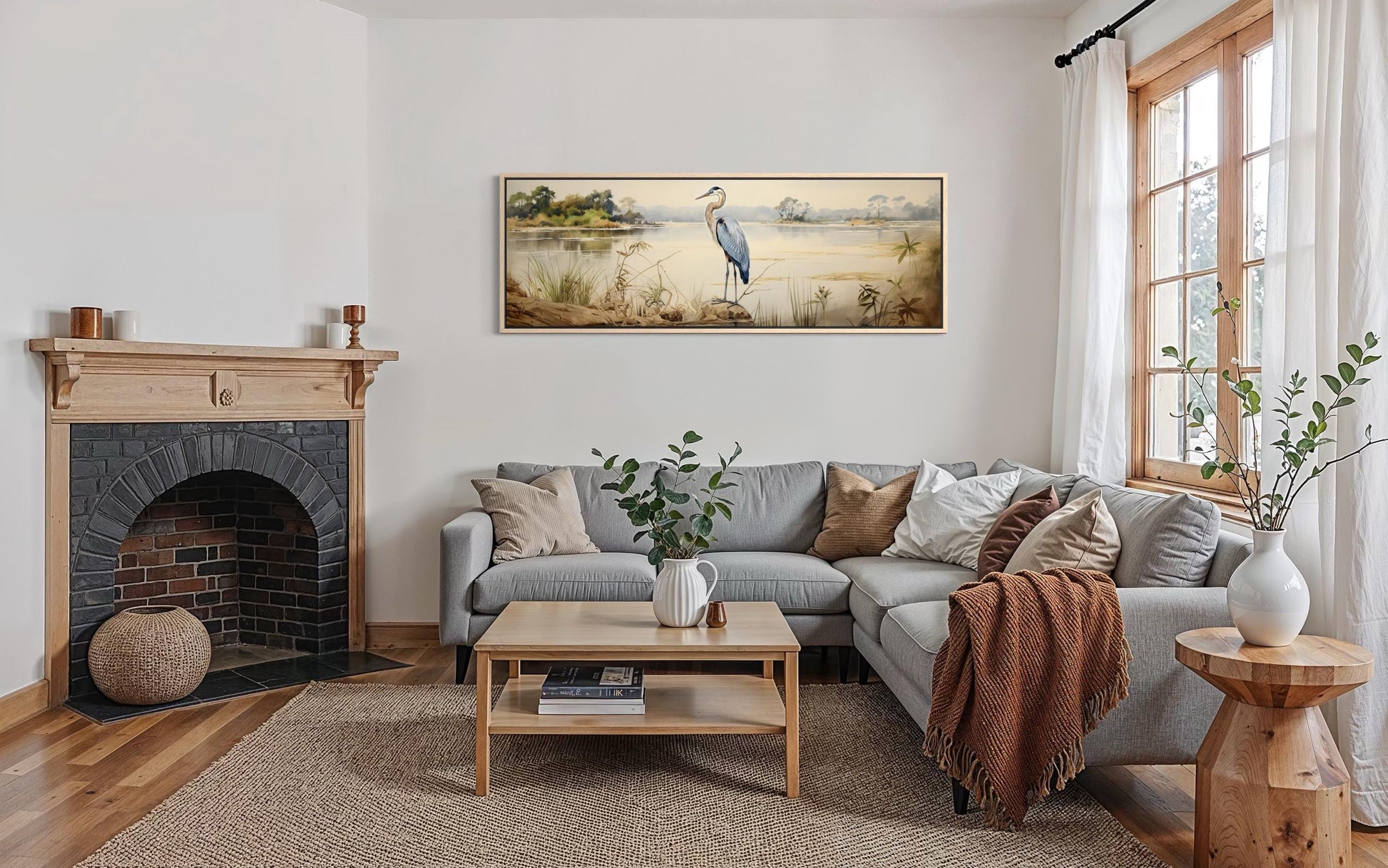 Blue Heron by the Lake Long Horizontal Canvas Wall Art