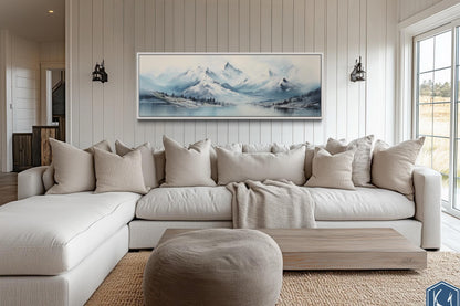 Blue Minimalist Mountains Long Horizontal Canvas Wall Art