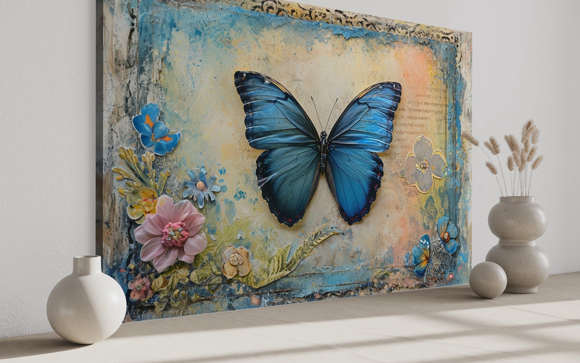 Blue Monarch Butterfly Vintage Framed Canvas Wall Art