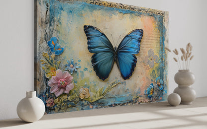 Blue Monarch Butterfly Vintage Framed Canvas Wall Art