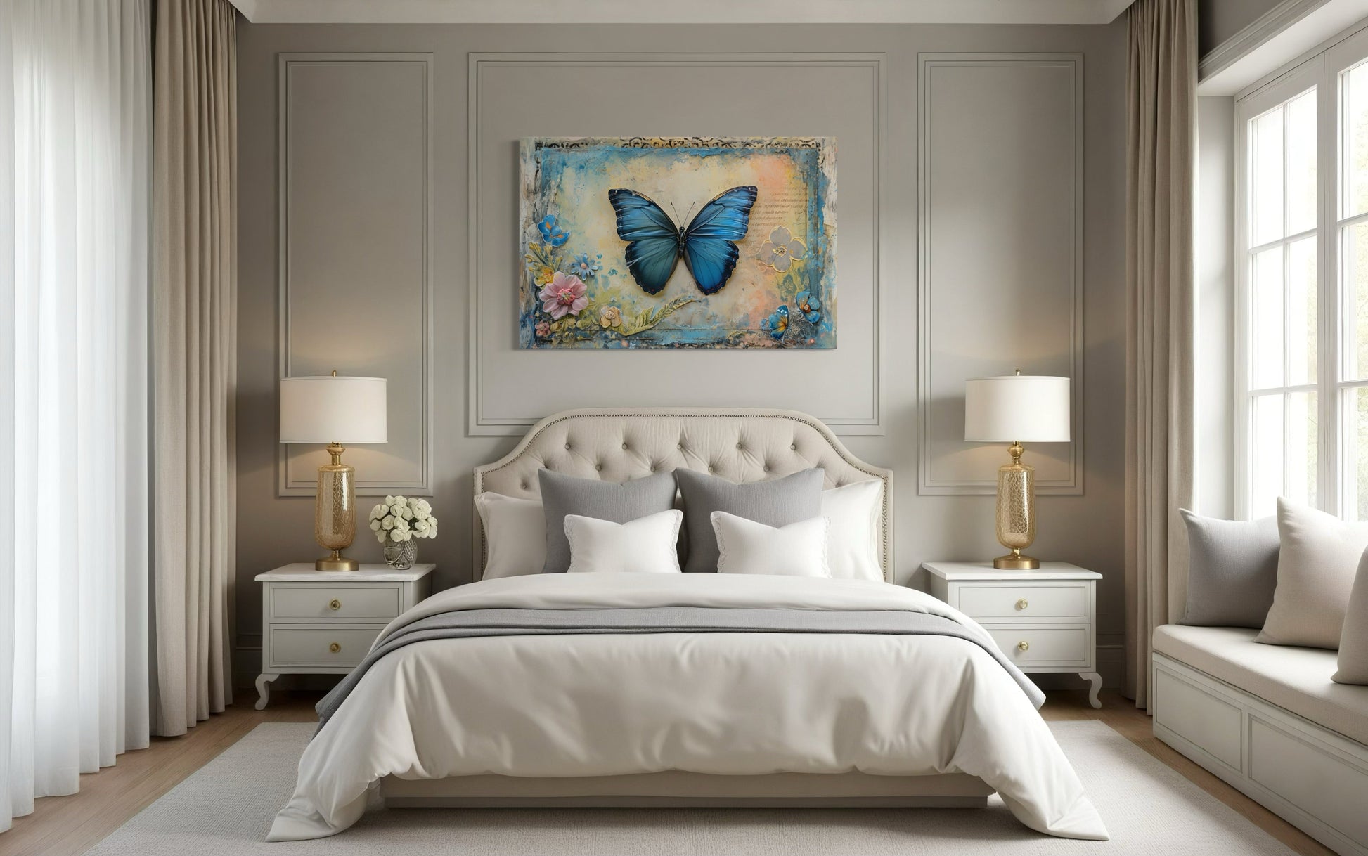 Blue Monarch Butterfly Vintage Framed Canvas Wall Art