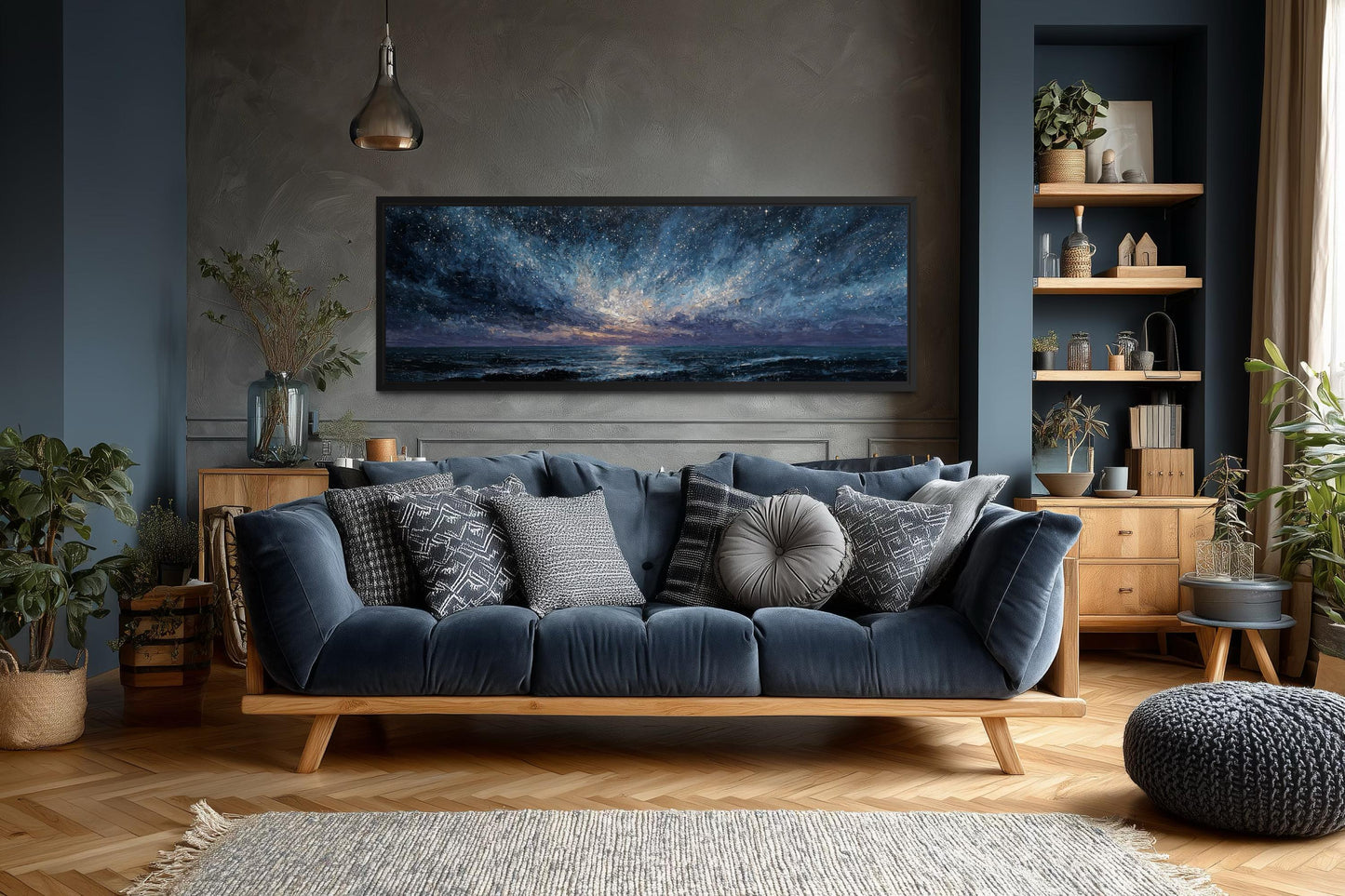 Blue Navy Purple Wall Art – Moody Seascape Painting | Modern Mens Bedroom Art Canvas Print
