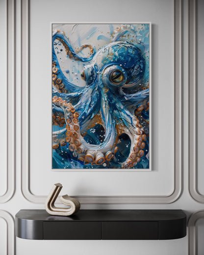 Blue Octopus - Coastal Framed Canvas Wall Art for Beach House Wall Decor
