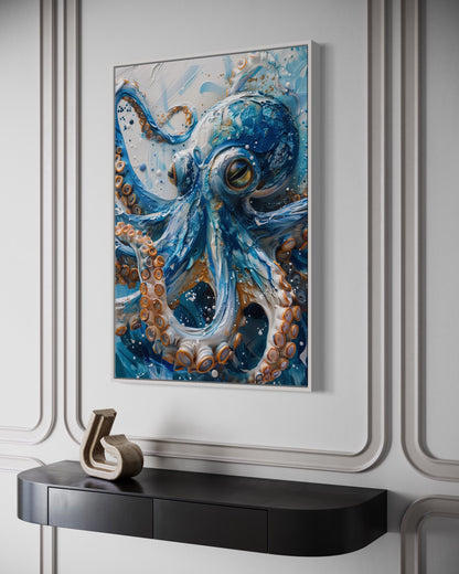 Blue Octopus - Coastal Framed Canvas Wall Art for Beach House Wall Decor