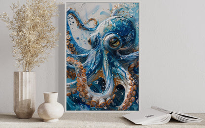 Blue Octopus - Coastal Framed Canvas Wall Art for Beach House Wall Decor