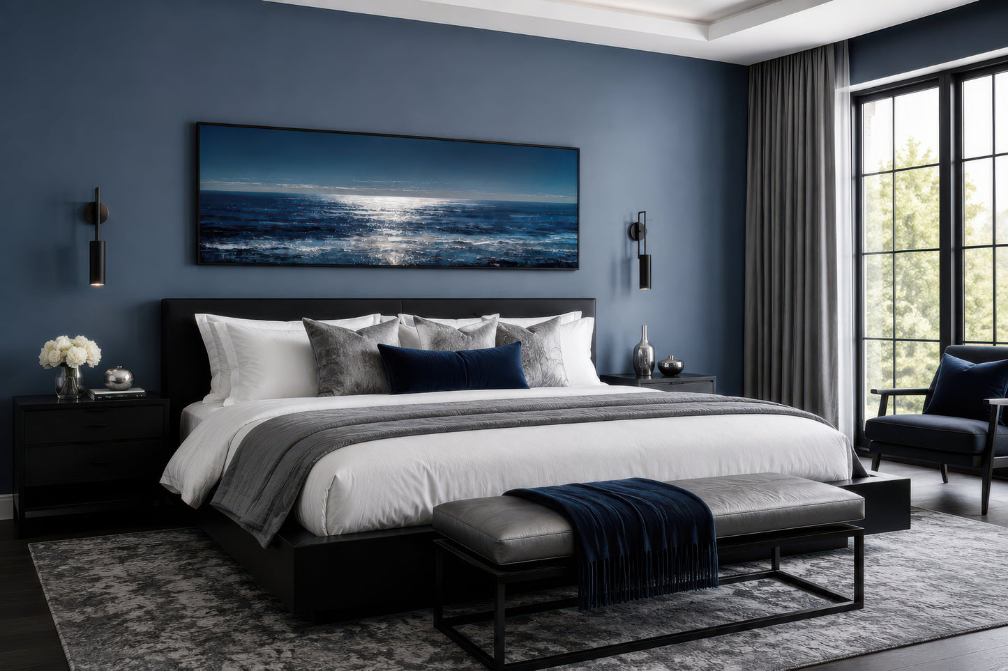 Blue Silver Ocean Horizon Long Horizontal Seascape Wall Art