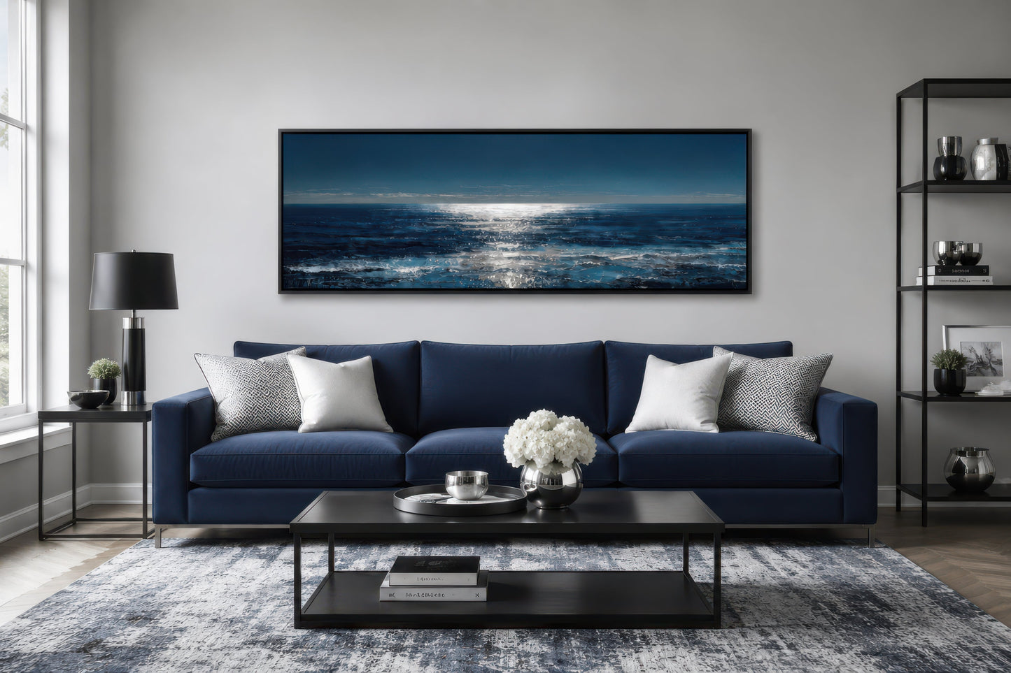 Blue Silver Ocean Horizon Long Horizontal Seascape Wall Art