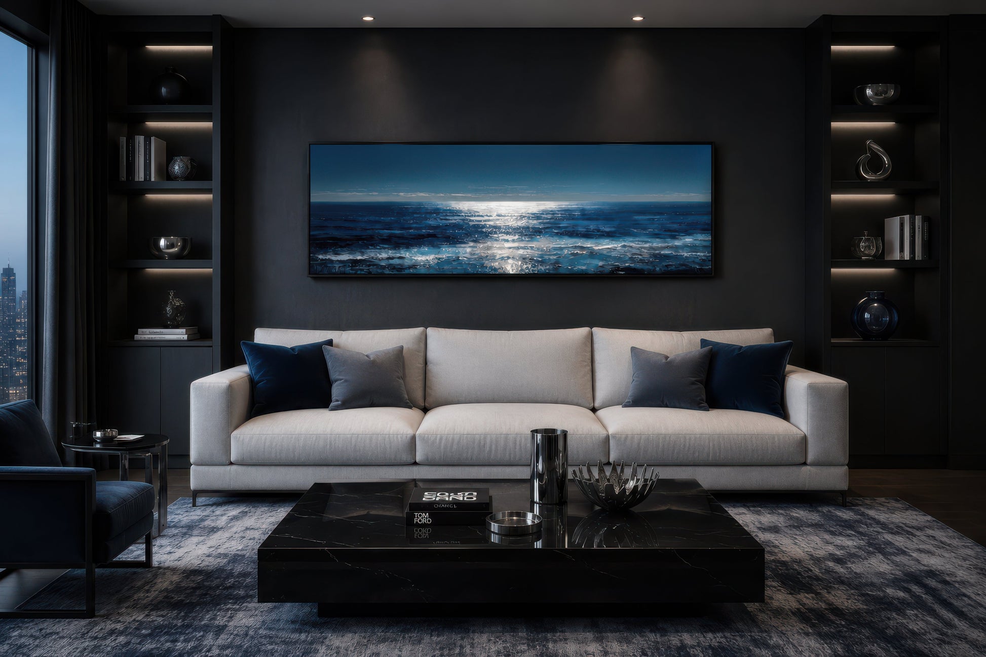 Blue Silver Ocean Horizon Long Horizontal Seascape Wall Art