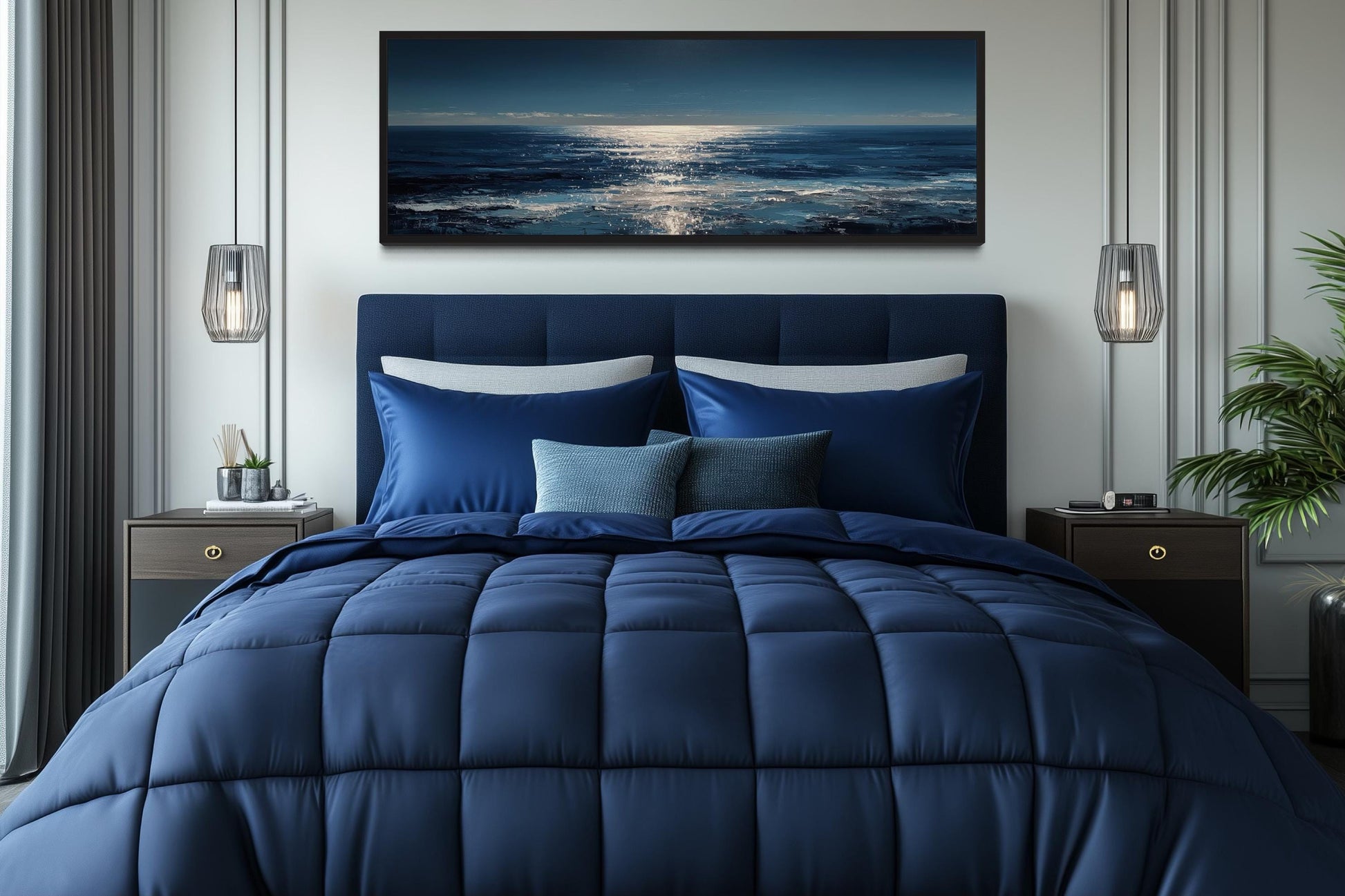 Blue Silver Ocean Horizon Long Horizontal Seascape Wall Art