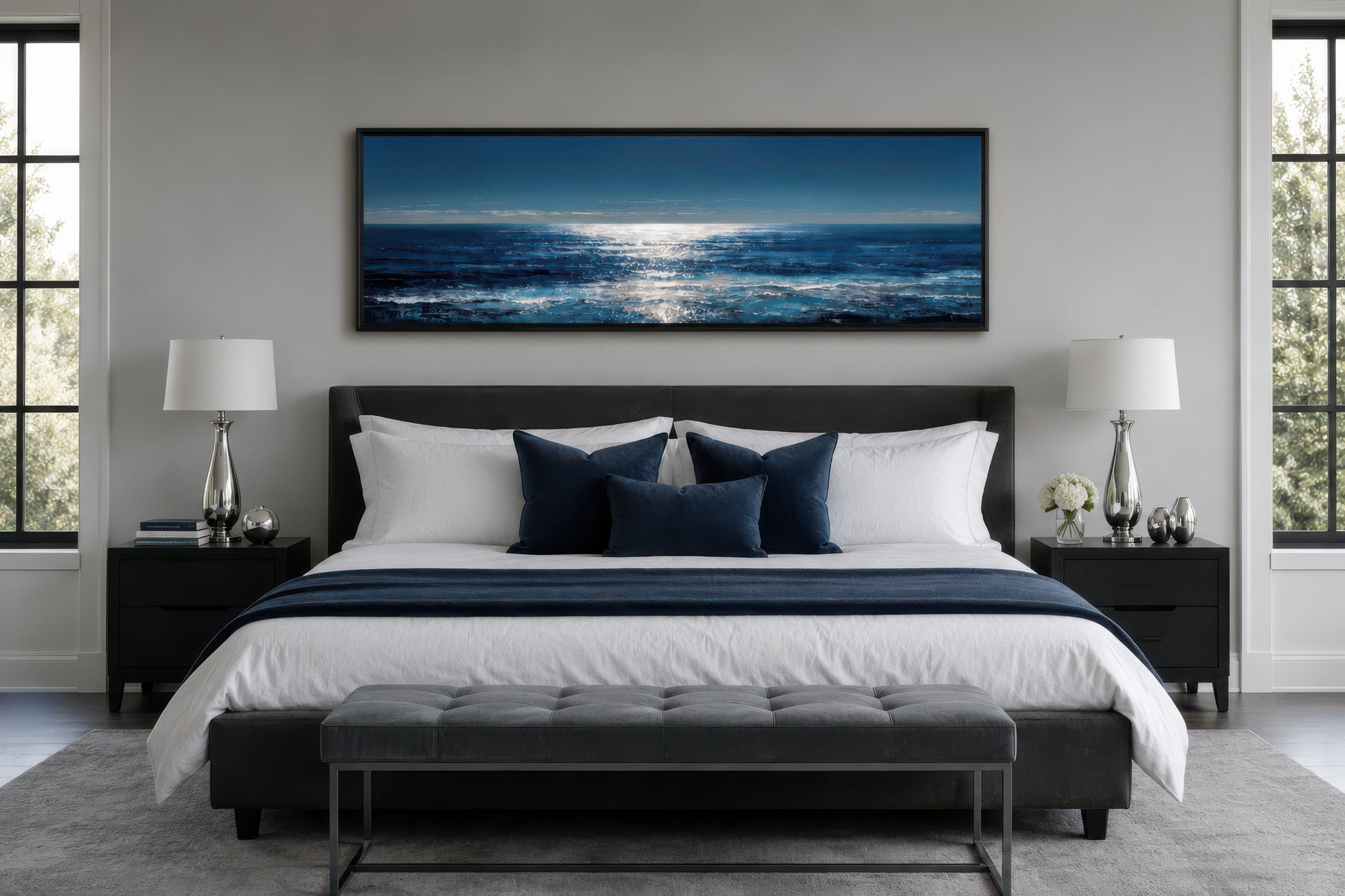 Blue Silver Ocean Horizon Long Horizontal Seascape Wall Art