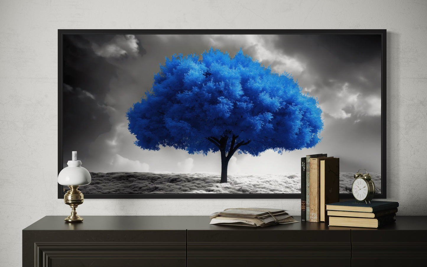 Blue Tree on Black White Background Framed Canvas Wall Art