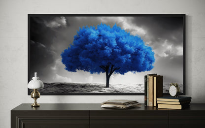 Blue Tree on Black White Background Framed Canvas Wall Art