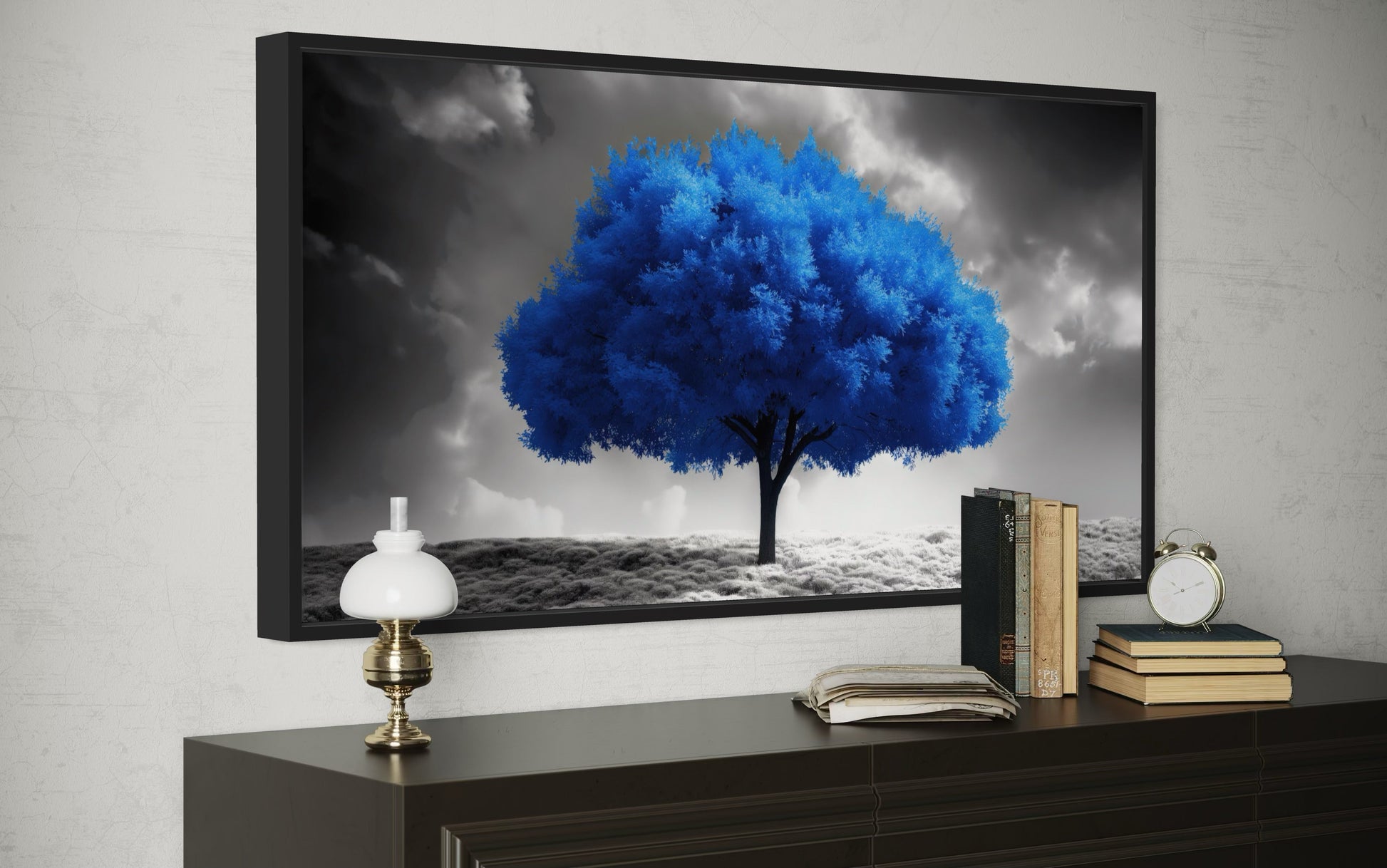 Blue Tree on Black White Background Framed Canvas Wall Art