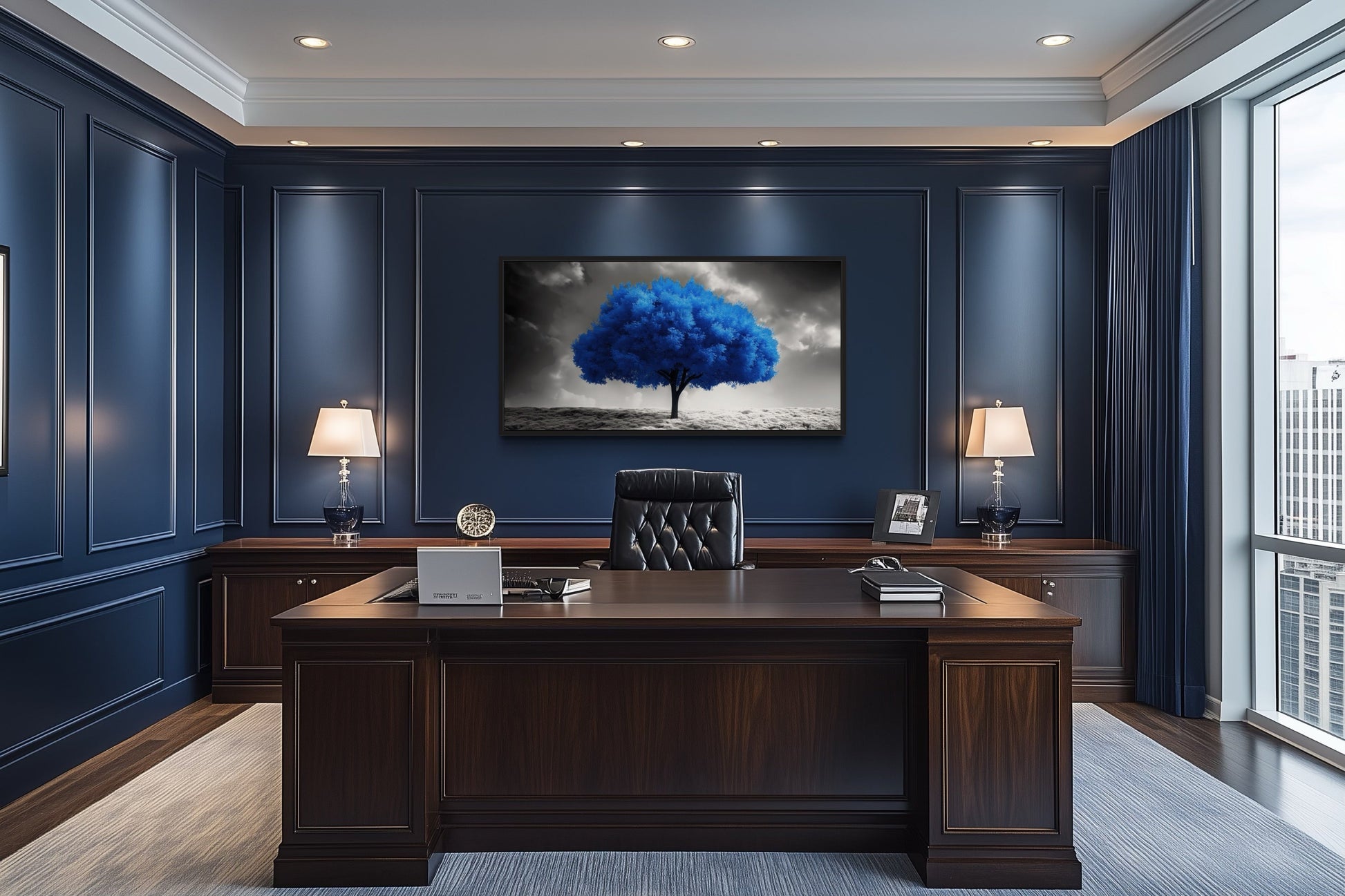 Blue Tree on Black White Background Framed Canvas Wall Art