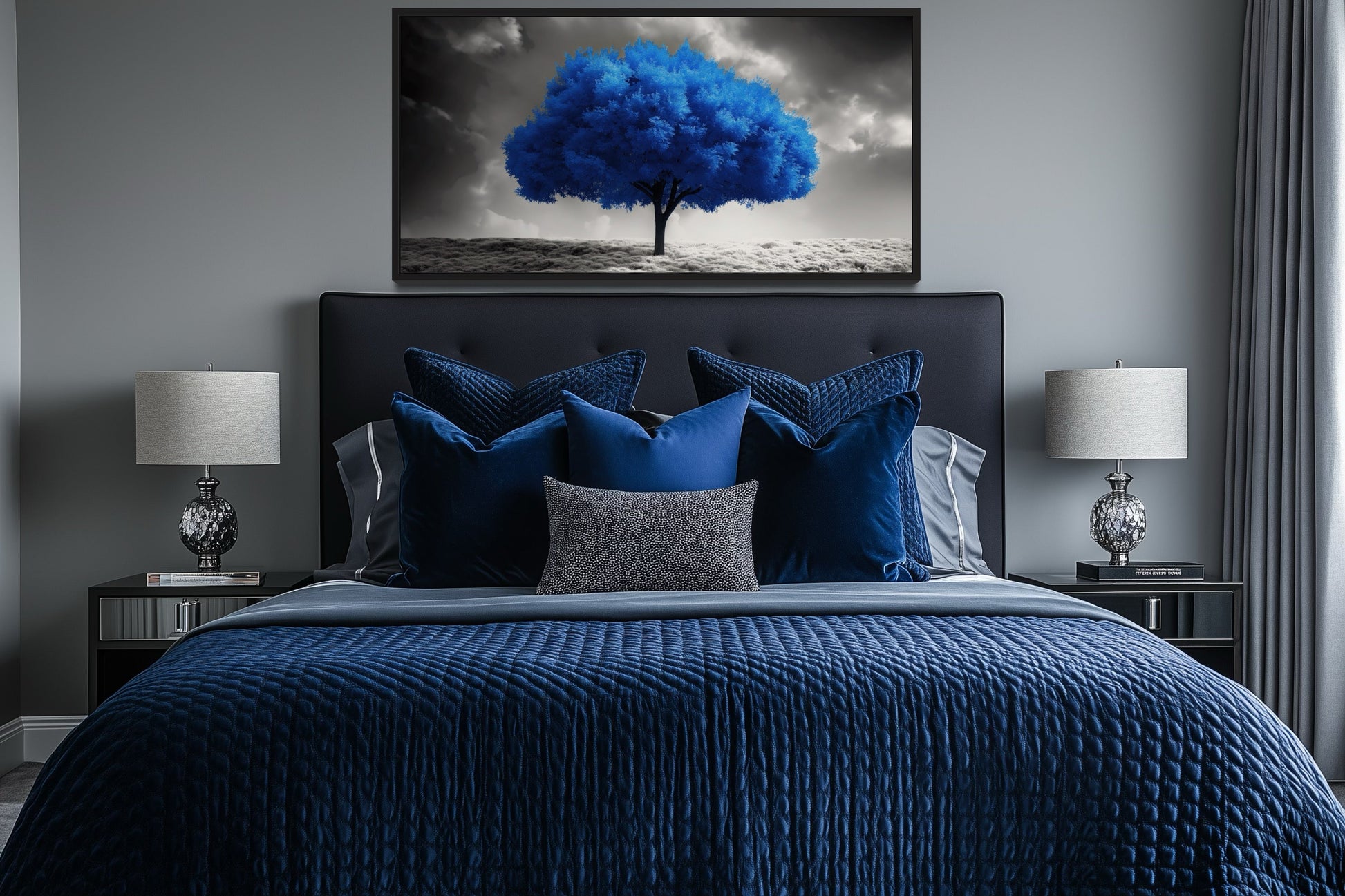 Blue Tree on Black White Background Framed Canvas Wall Art