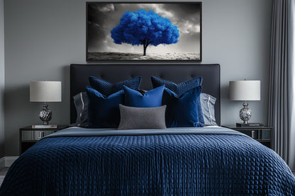 Blue Tree on Black White Background Framed Canvas Wall Art