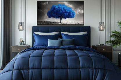 Blue Tree on Black White Background Framed Canvas Wall Art