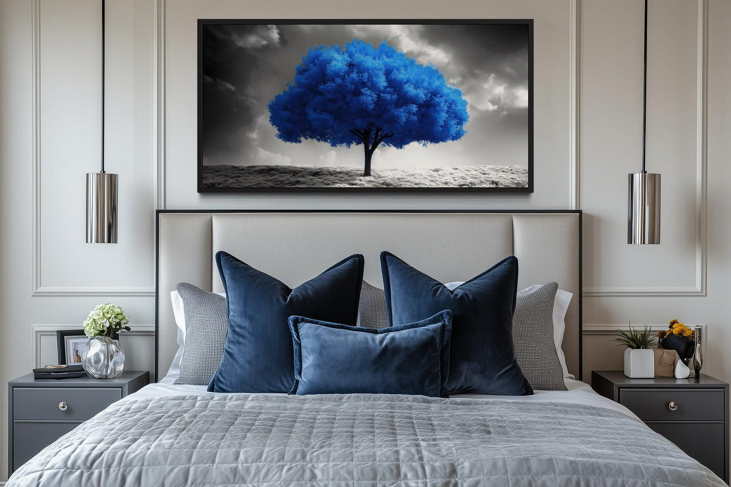 Blue Tree on Black White Background Framed Canvas Wall Art